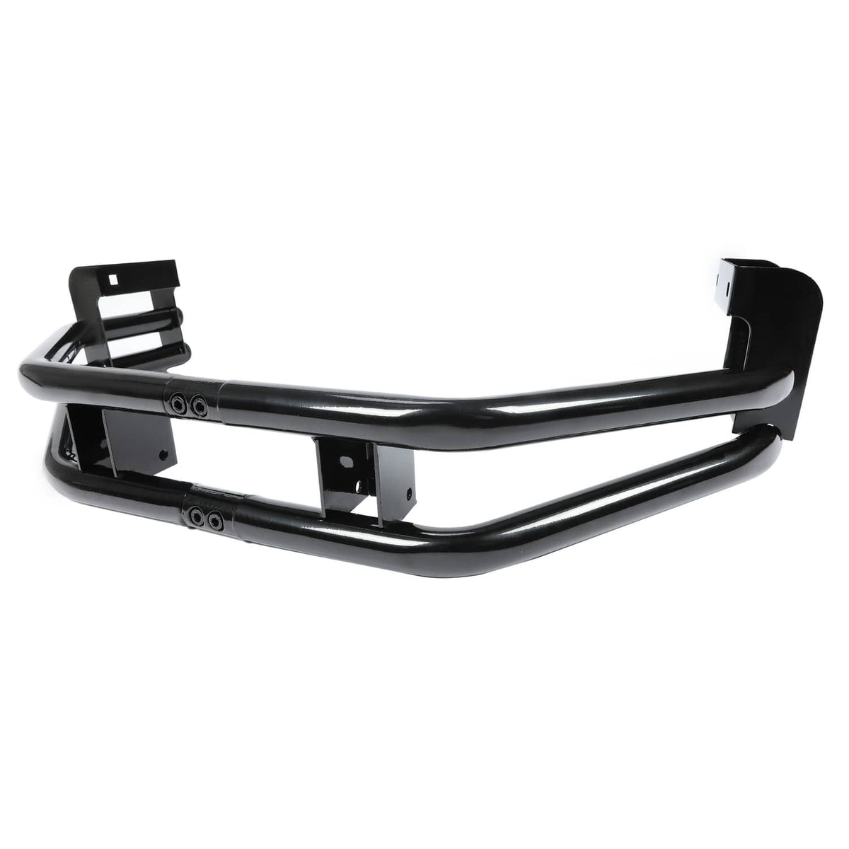 Black rear bumper bar with hitch mount bracket and mounting hardware, side view