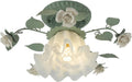 Green and white floral semi-flush ceiling light with glass rose shades and leaf metal frame