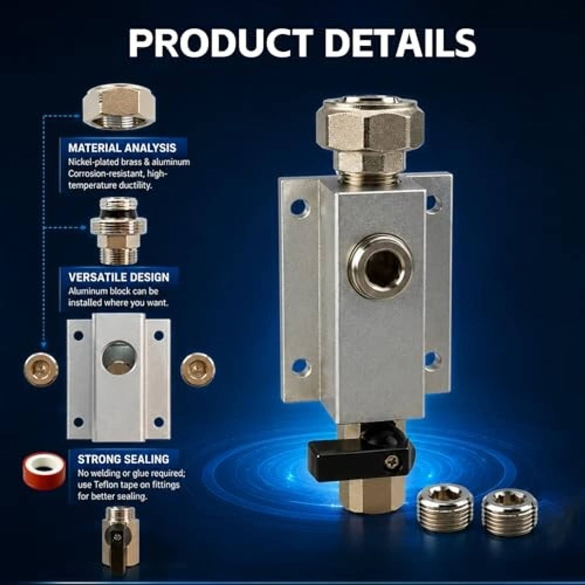 Silver air outlet kit fitting with mounting plate, black handle, and included threaded adapters
