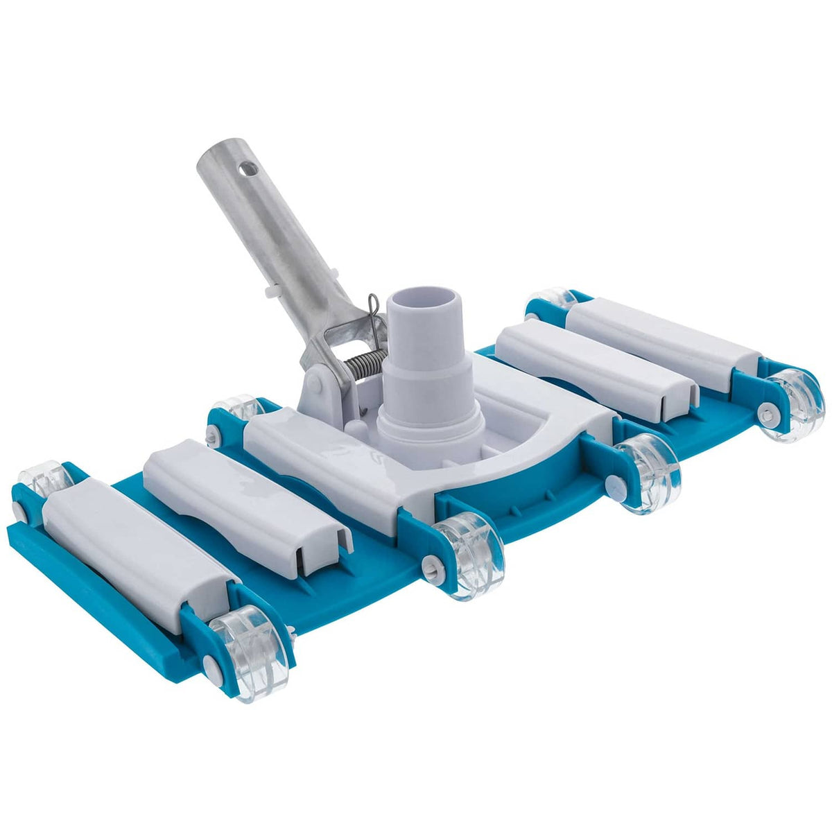 14-inch manual pool vacuum head with white brushes and teal base for inground pools