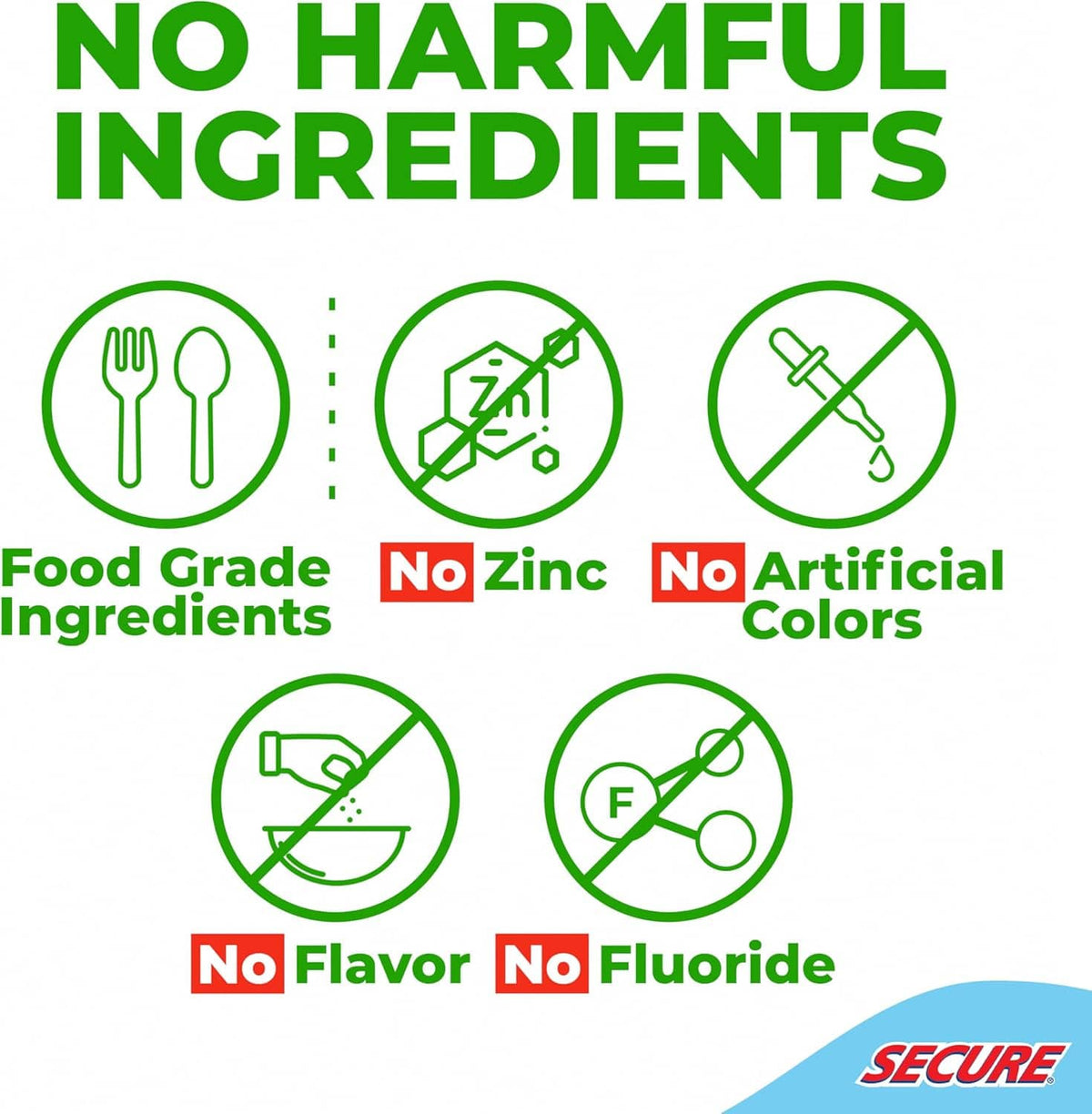 Denture adhesive claims label with food-grade ingredients and no zinc icon