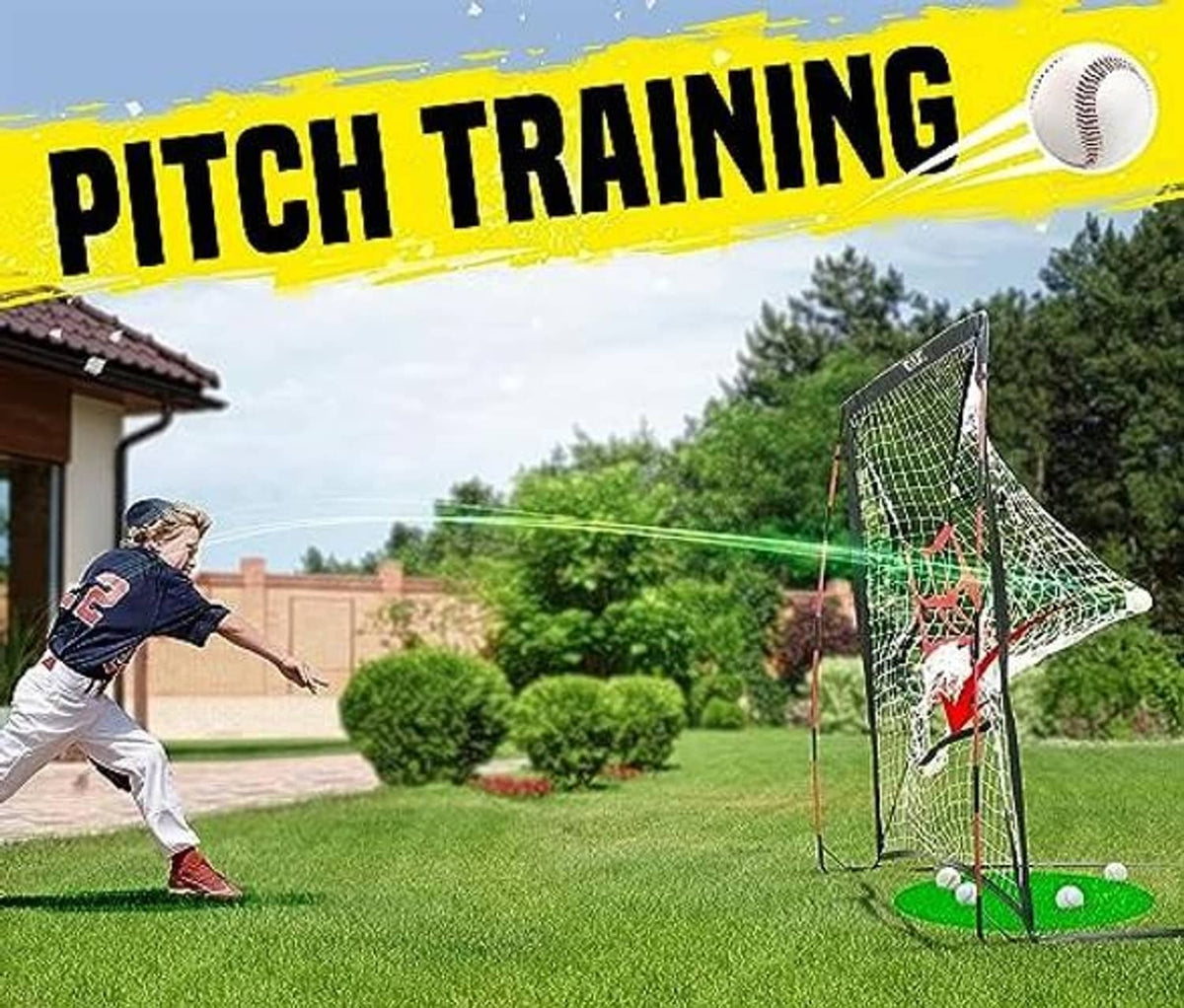 Pitch training baseball net with white mesh and red strike-zone target grid on poles