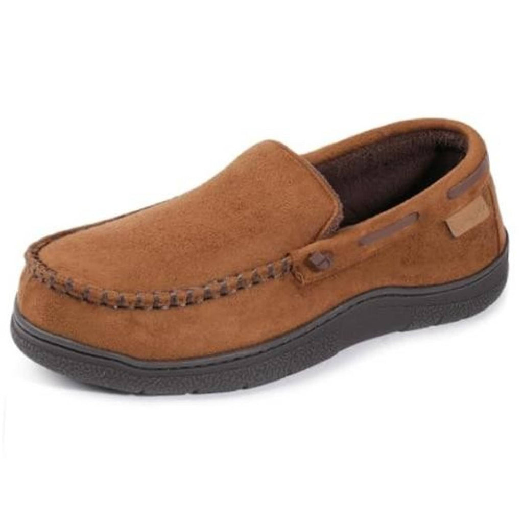 Men's camel suede moccasin slippers with moc-toe stitching and dark rubber sole.