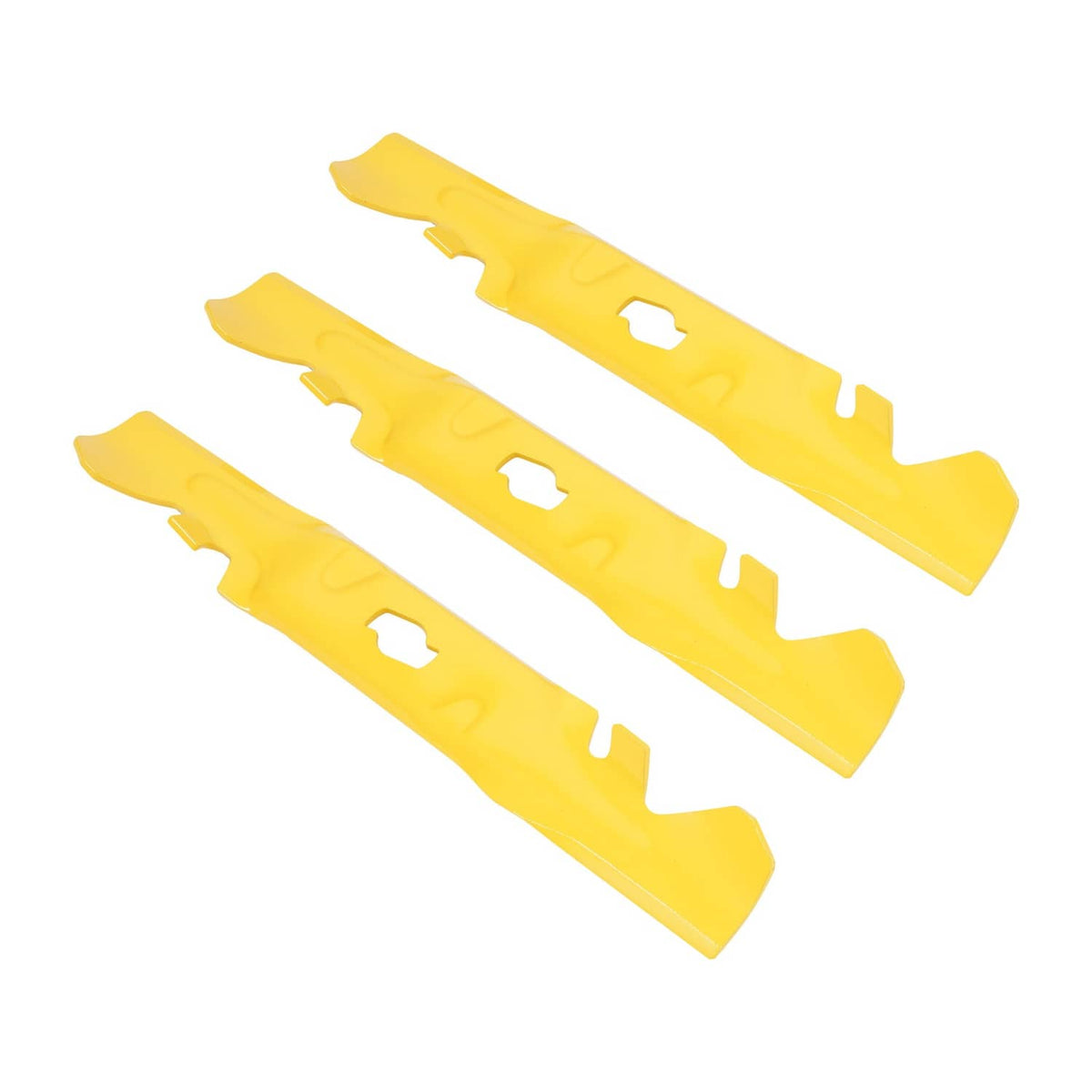 Yellow mulching blades, three-piece set with center holes and stepped edges