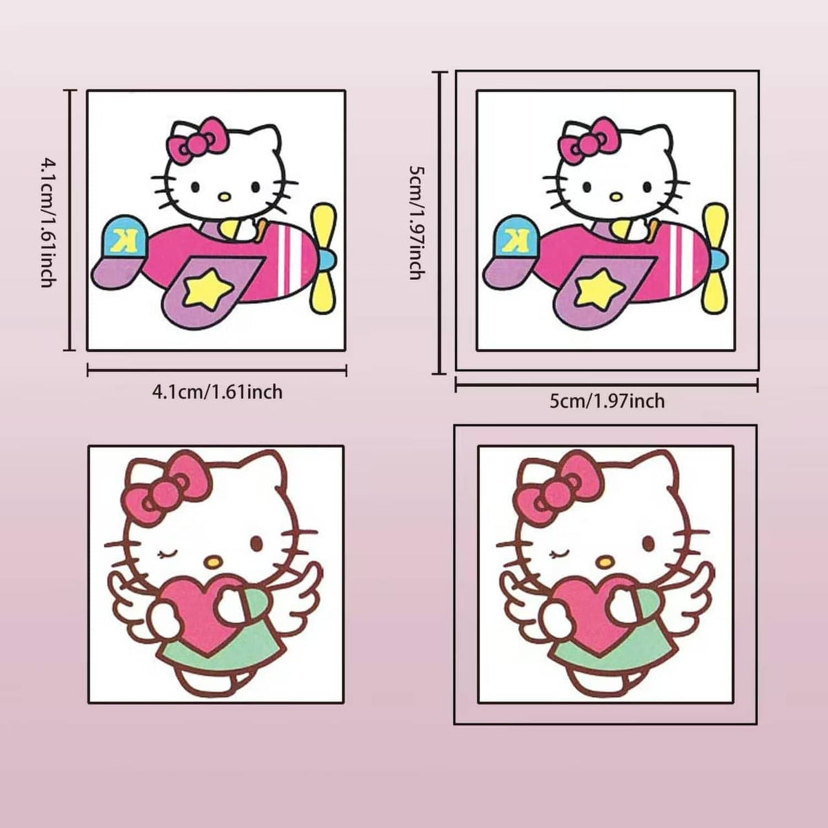 Hello Kitty temporary tattoo sheet with four small design cards and size labels.