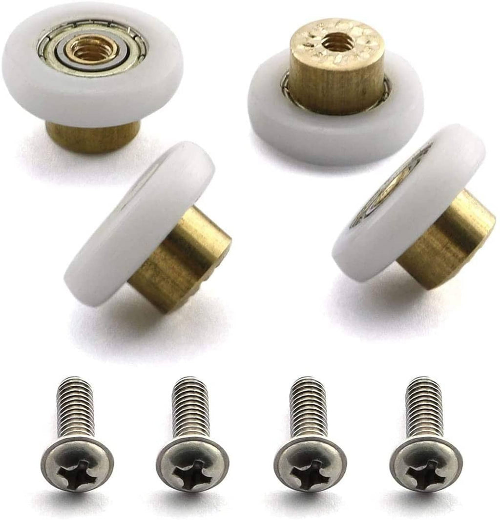 Shower door roller wheels with brass bushings and silver mounting screws (4-pack)