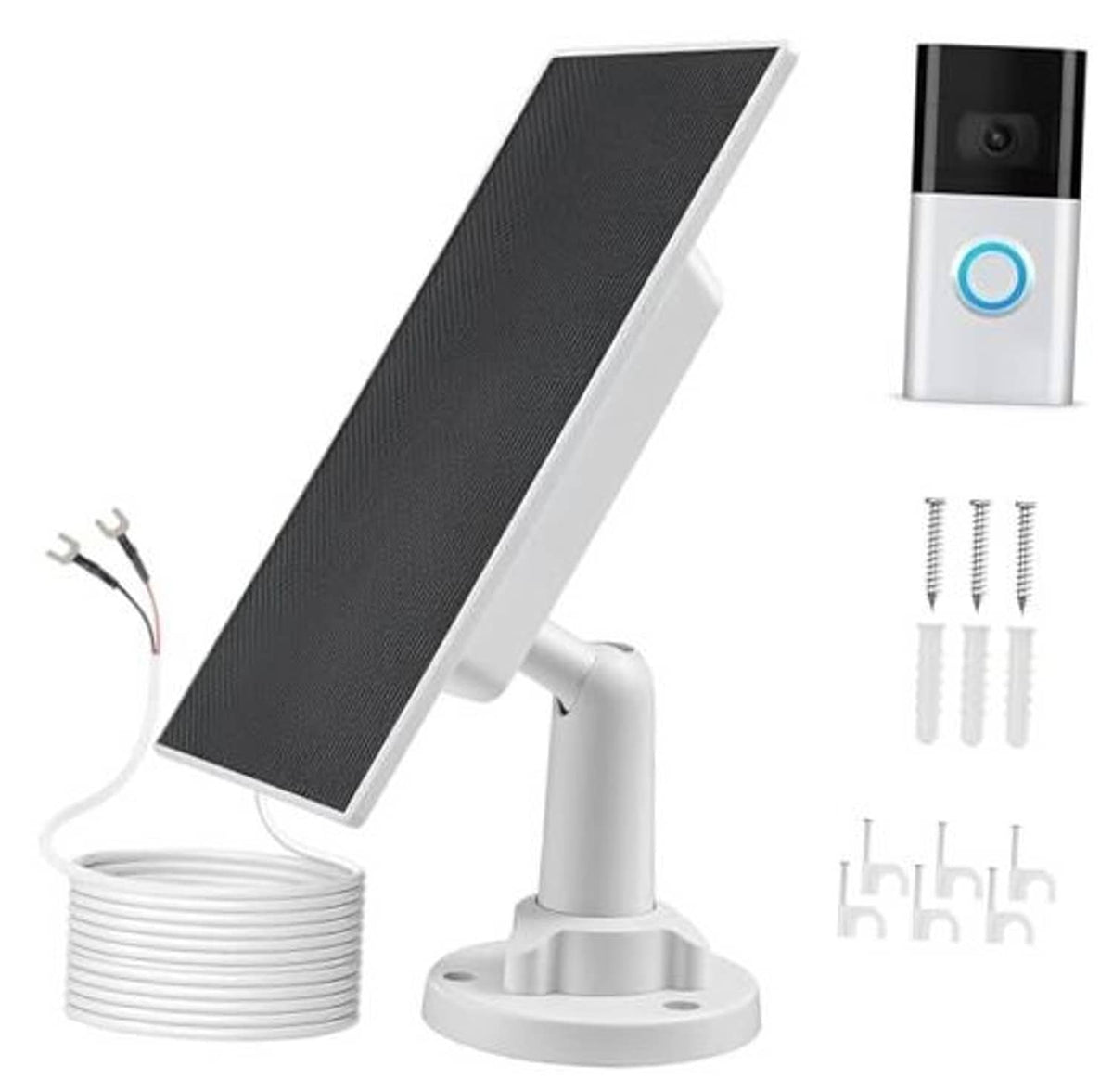 Solar charger with black solar panel on white wall-mount base and attached cable