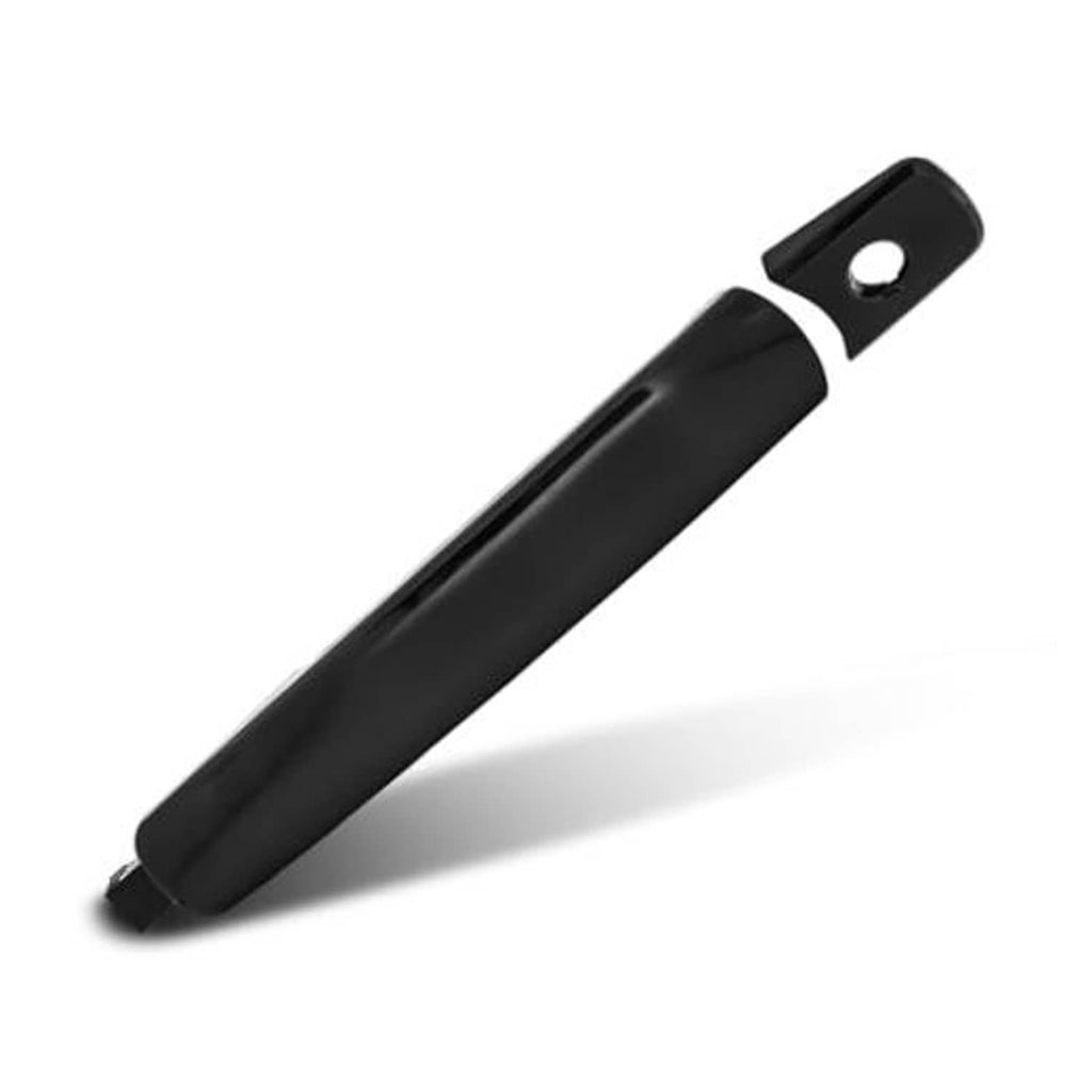 Black exterior door handle with keyhole, front driver left side, angled view