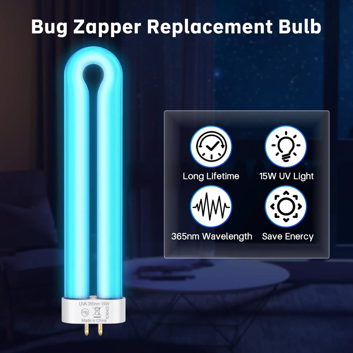 Long clear UV replacement bug zapper bulb emitting blue light, gold base pins