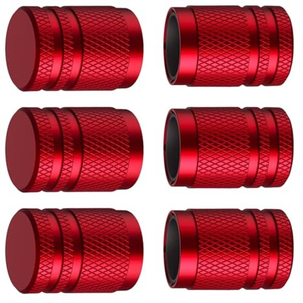 Red metal tire valve stem caps, multiple angles showing textured grip, set of 6