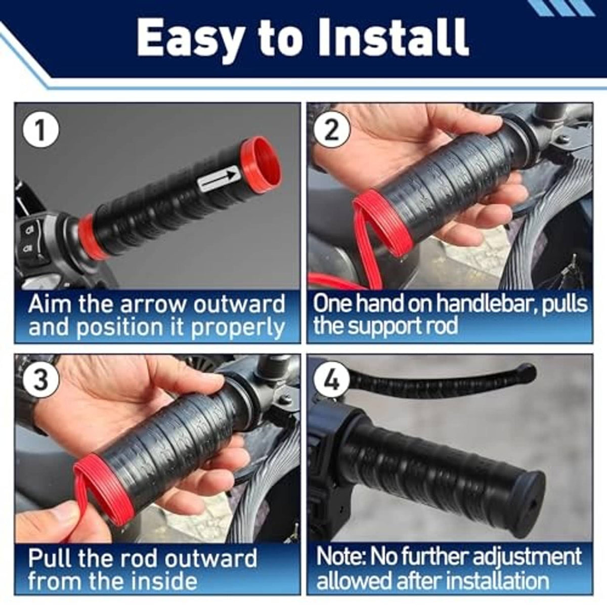 Black ribbed silicone grip cover being installed on a handlebar with red end cap