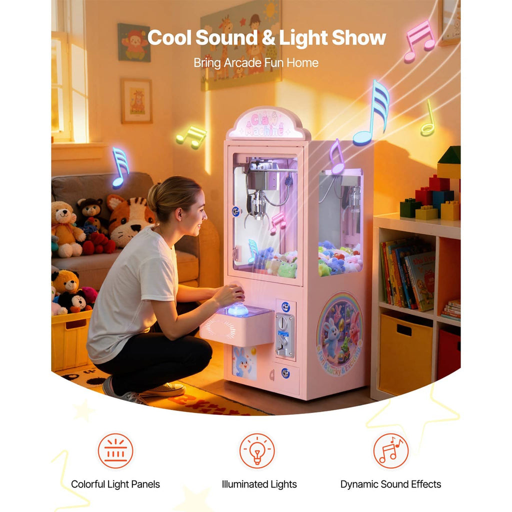 Pink claw crane arcade machine glowing with colorful lights and sound effects
