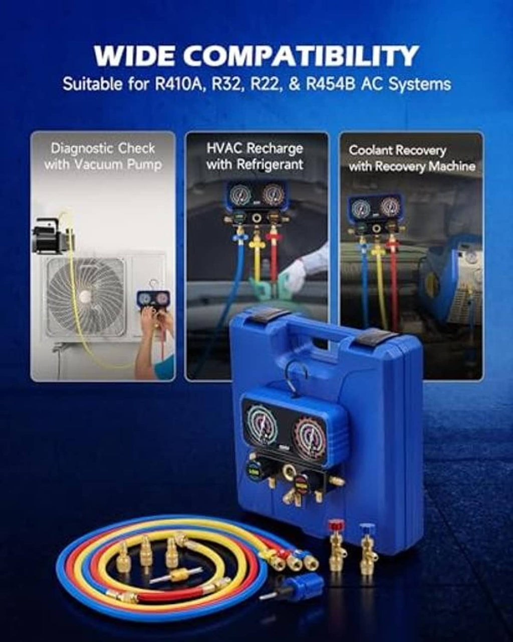 AC manifold gauge set with hoses and compact blue storage case for refrigeration service