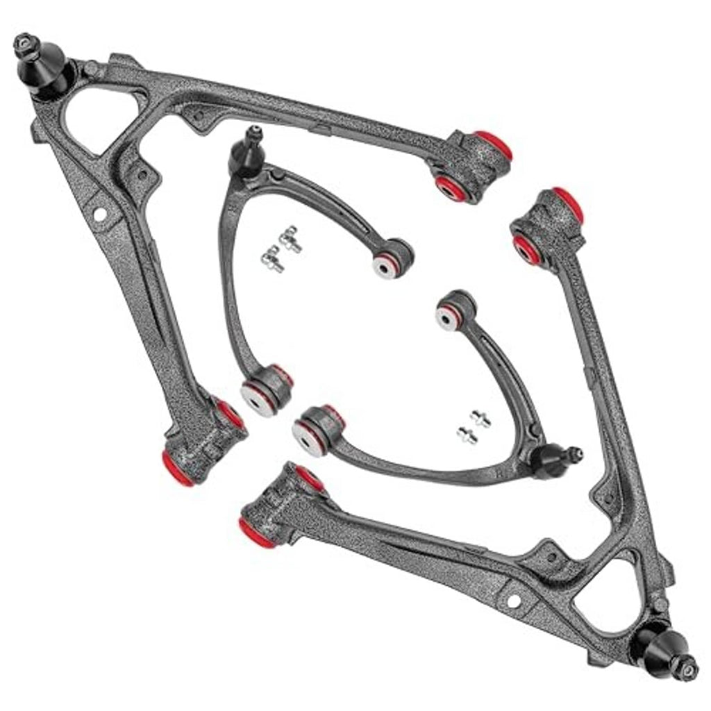 Four-piece front upper and lower control arm set with red bushing components, metal arms