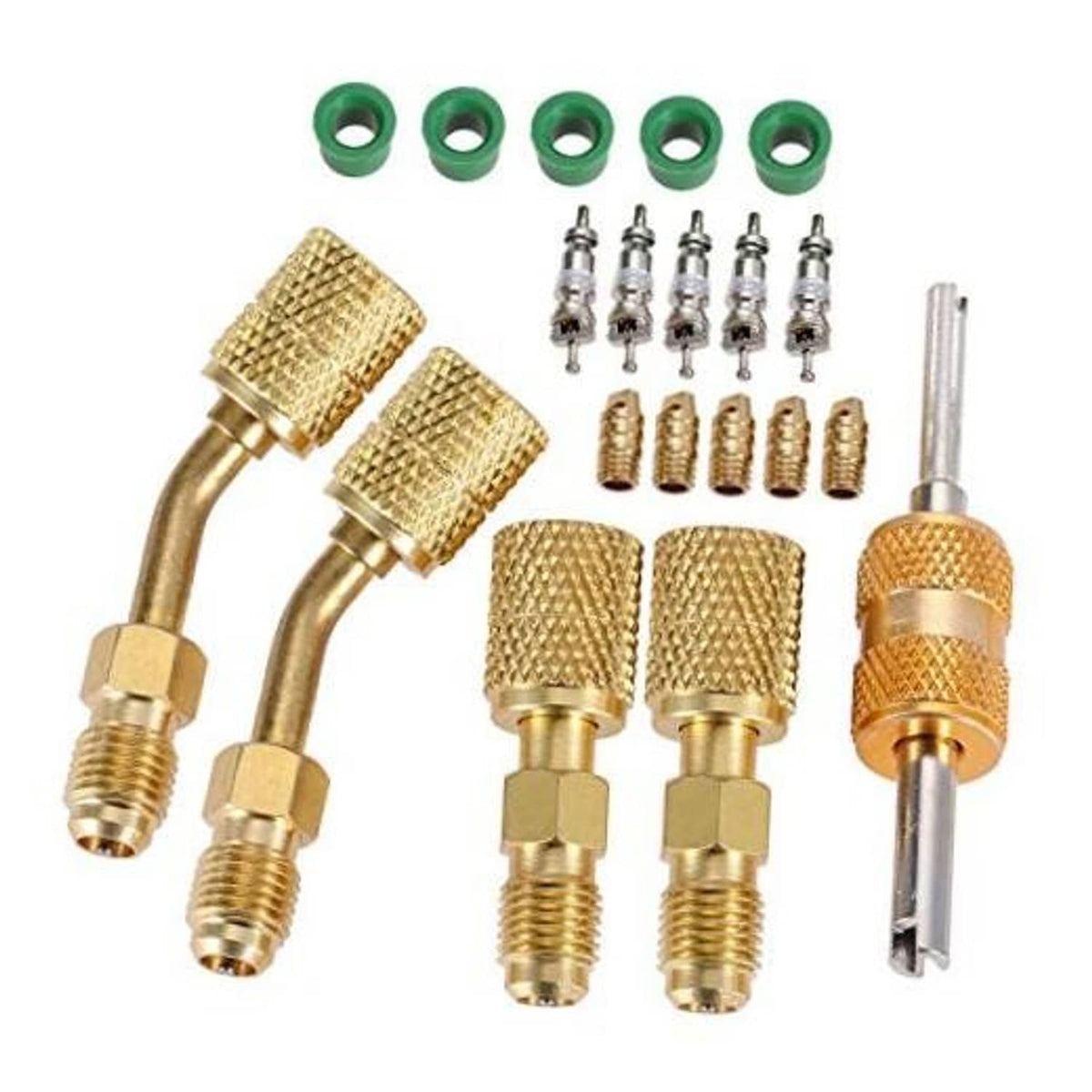Brass R410A vacuum charging adapter set with flare fittings, valve cores, and seals