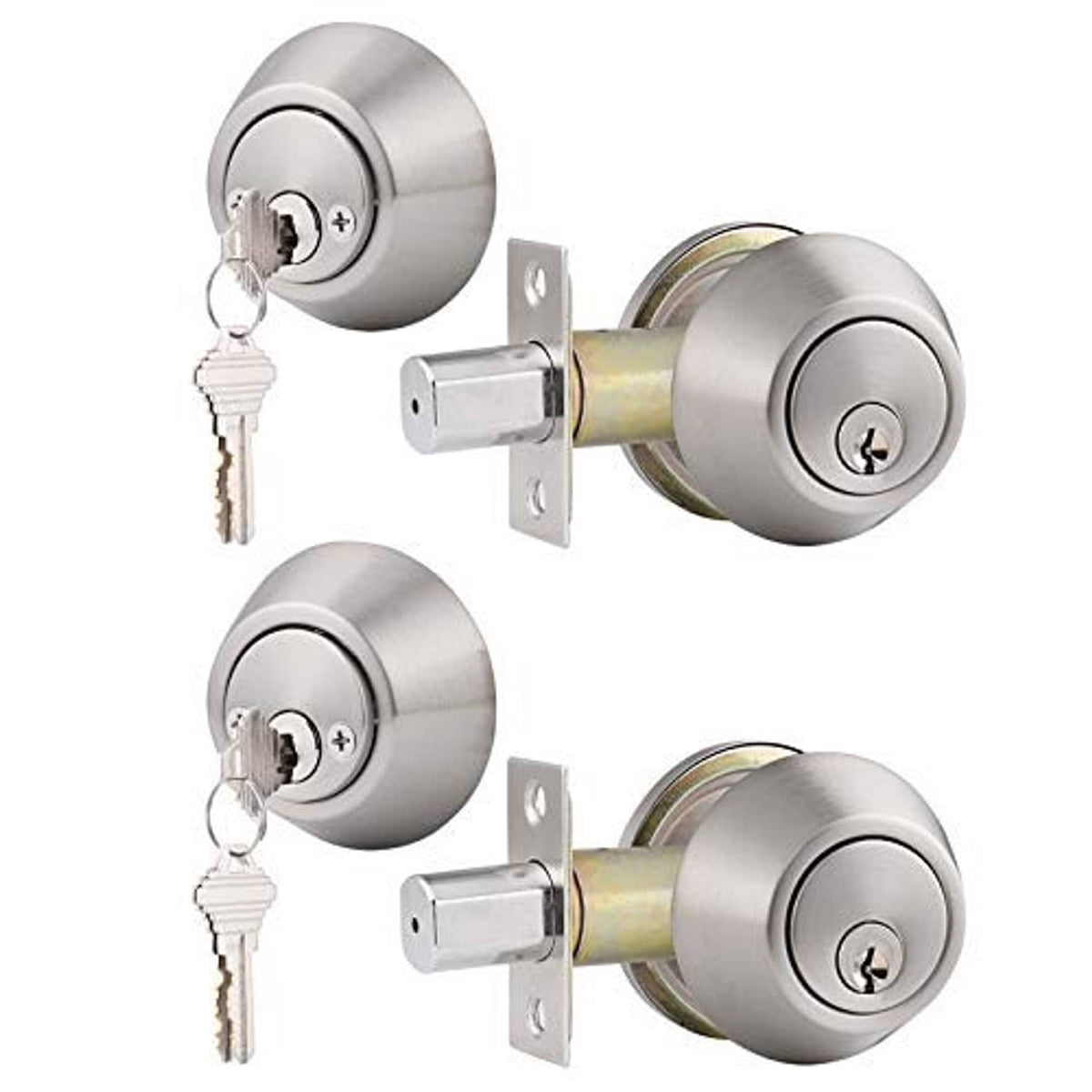 Satin nickel double-cylinder deadbolt set with keys, cylinder, and exterior mounting plate