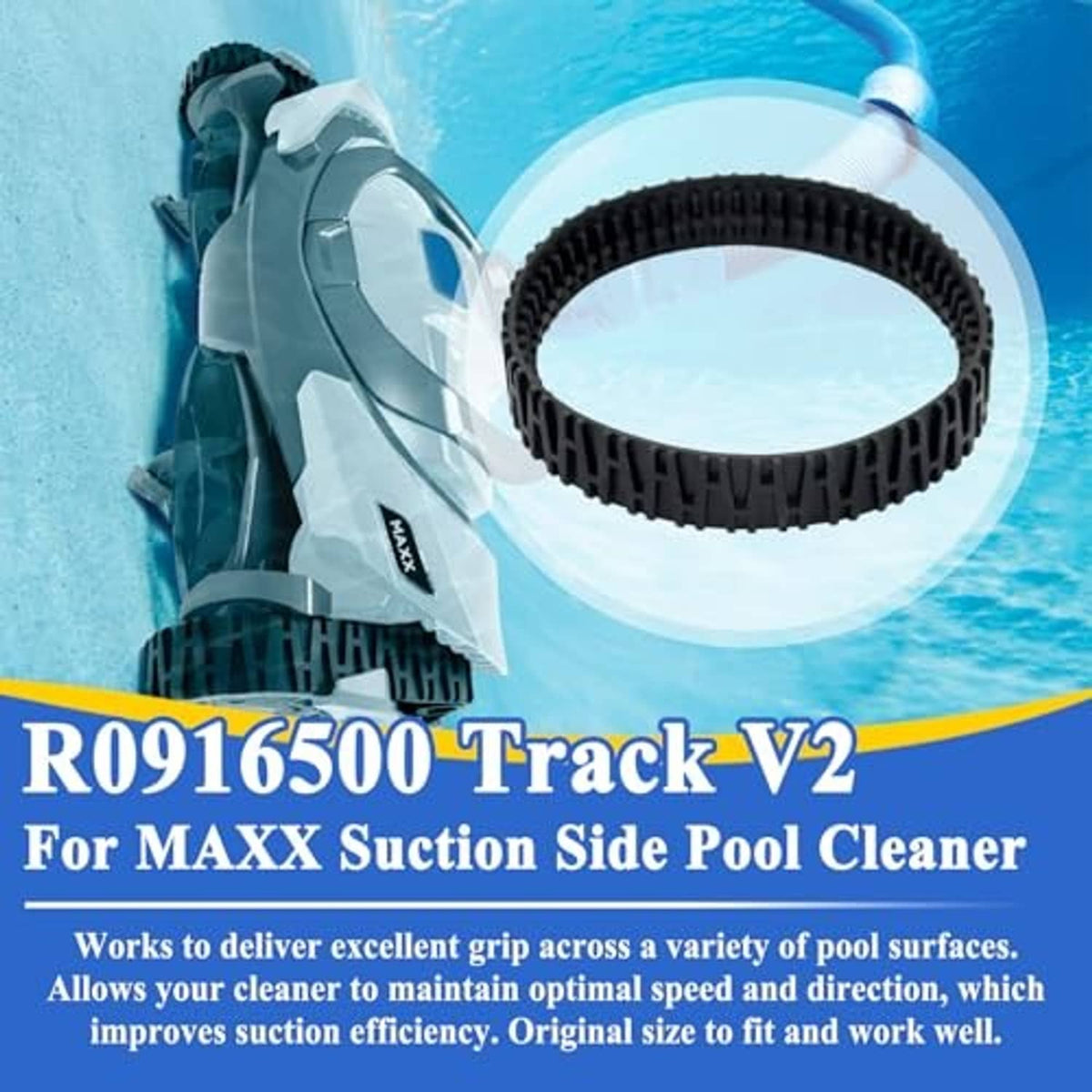 Black rubber pool cleaner track belt with raised tread blocks