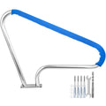 Pool handrail with blue non-slip grip cover and included mounting hardware set