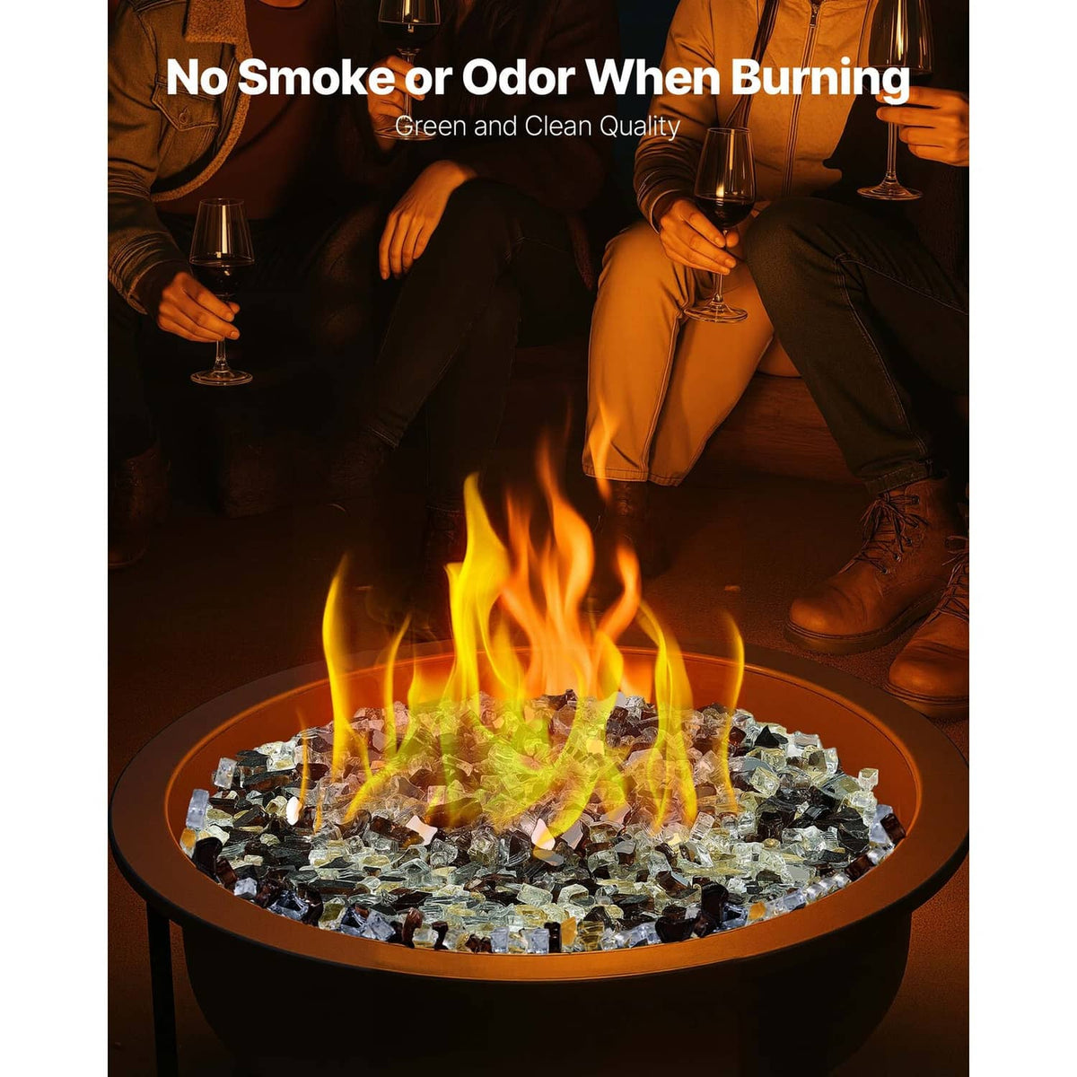 Round fire pit with flames and mixed clear, copper, and gold glass rocks around center