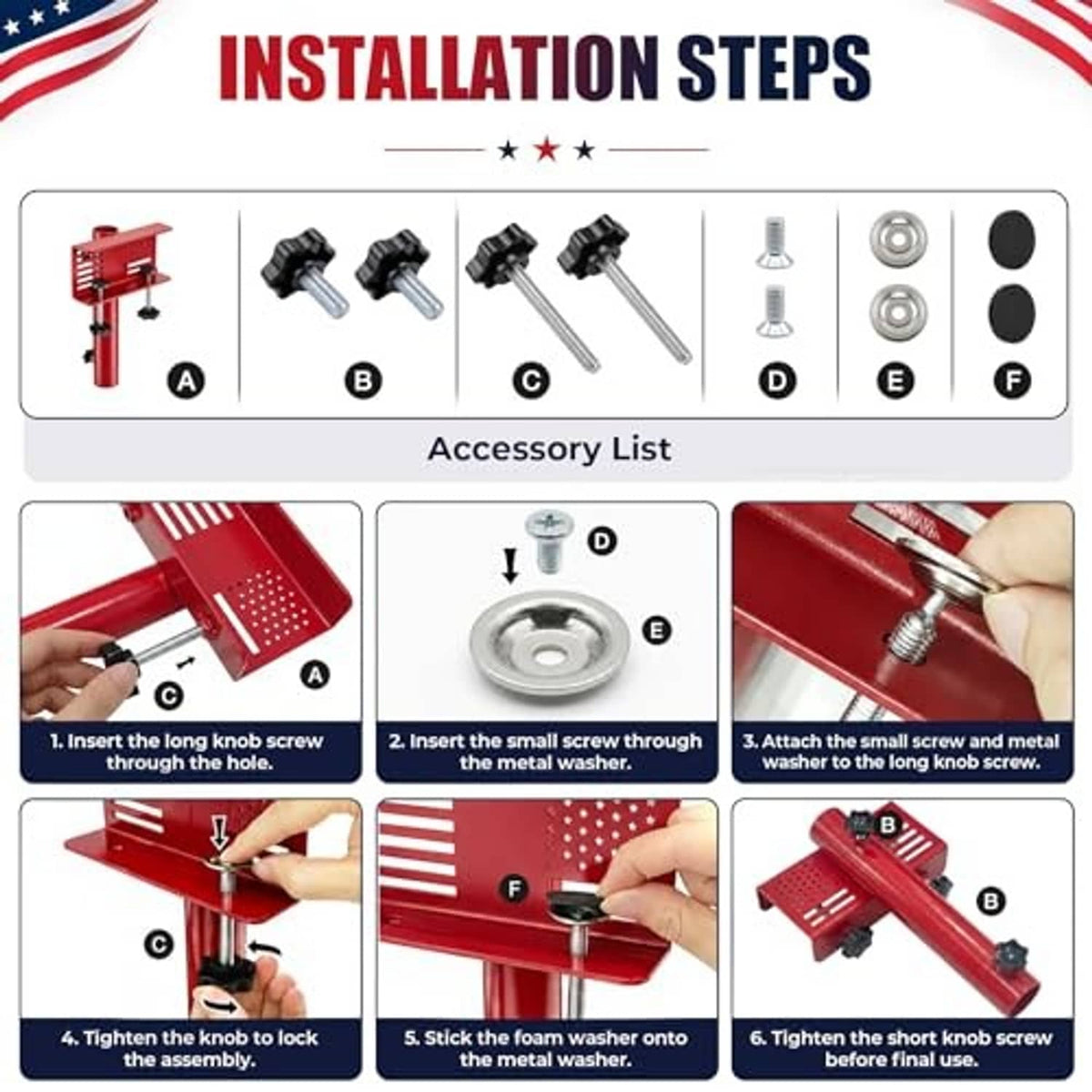 Red clamp-on flag pole mount installation parts and accessory list diagram