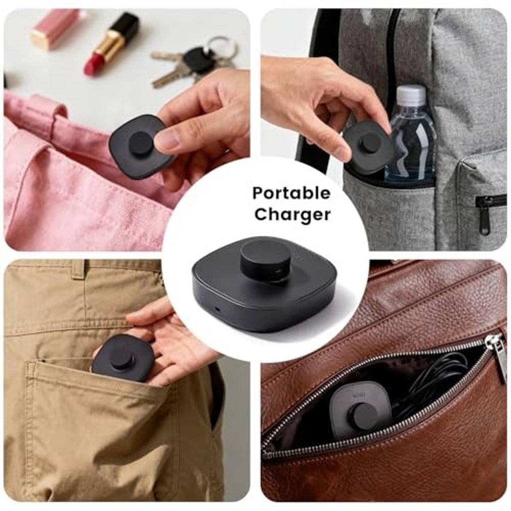 Portable black smart ring charger puck with circular charging surface