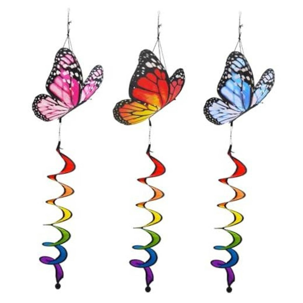 Set of three butterfly hanging windsocks with red, pink, and blue spiral ribbon tails