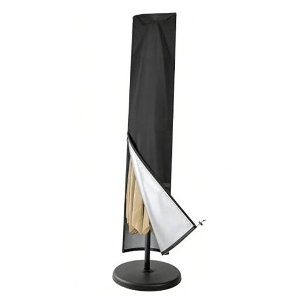 Black patio umbrella cover with white side panel and drawstring hem