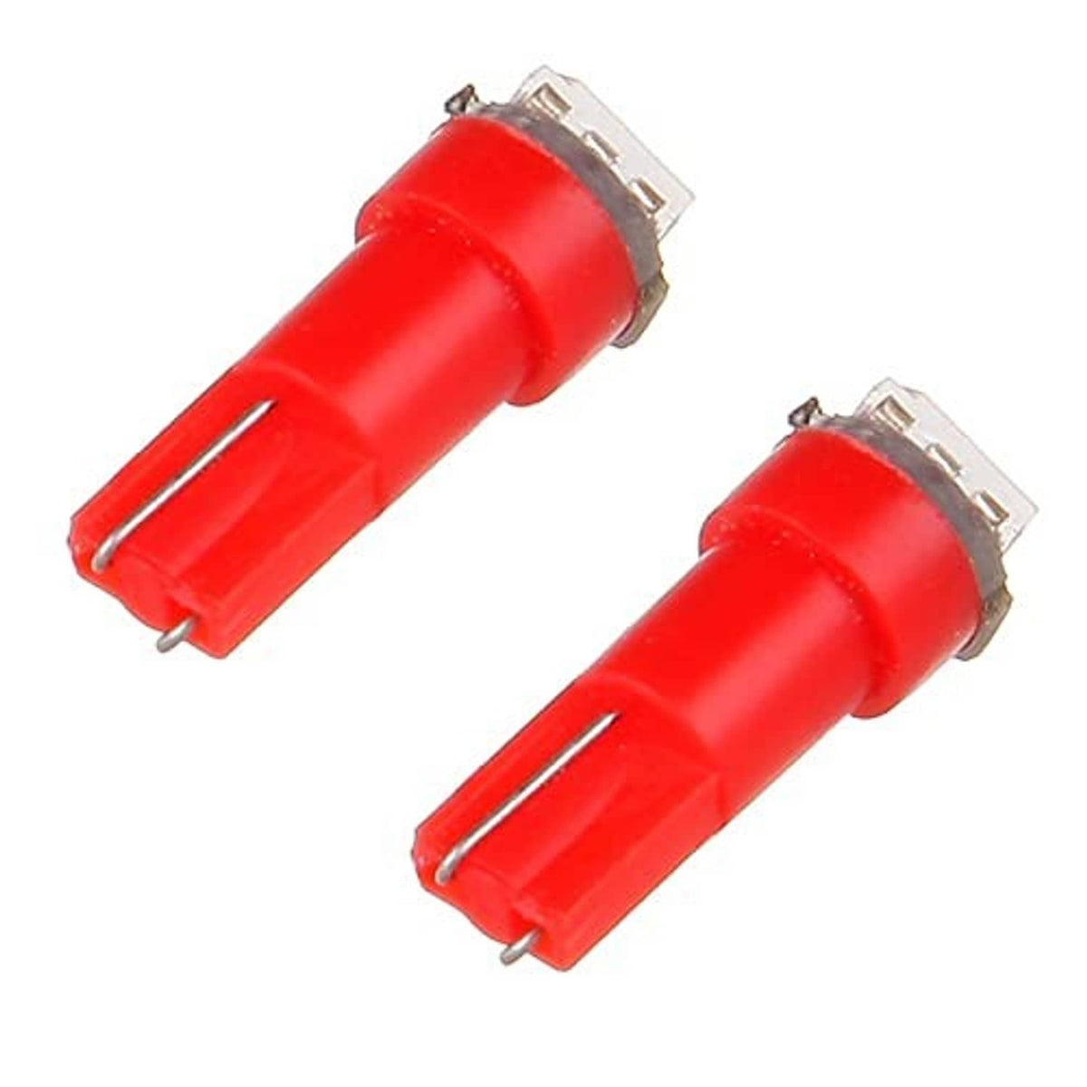 Two T5 LED wedge bulbs with red housing, metal pins, and silver base