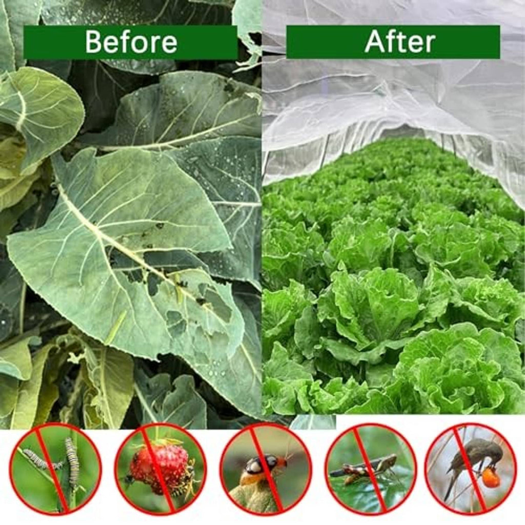 Fine mesh garden netting shown over leafy greens, with an uncovered view