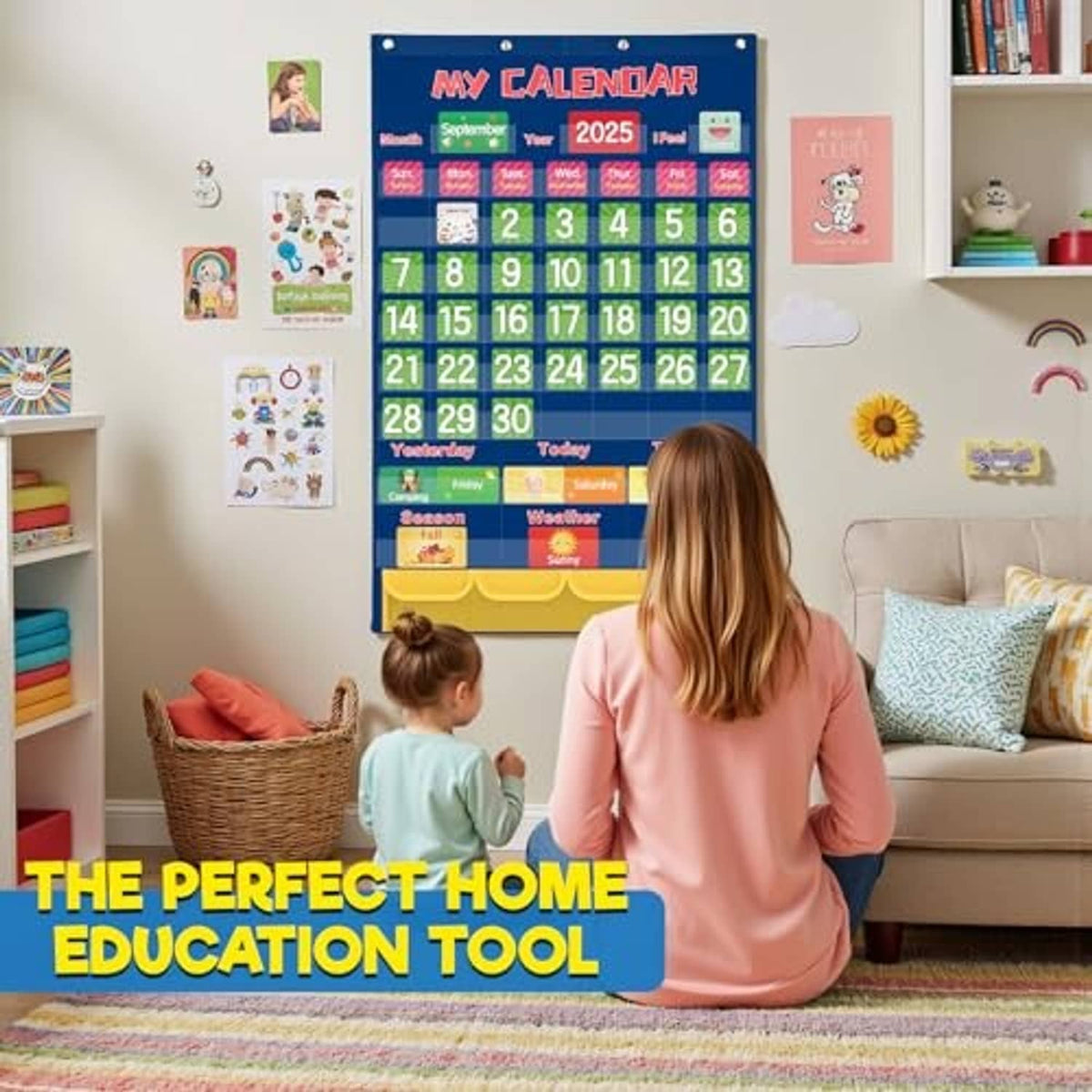 Blue classroom pocket calendar chart with 2025 date grid and yellow storage pocket panel