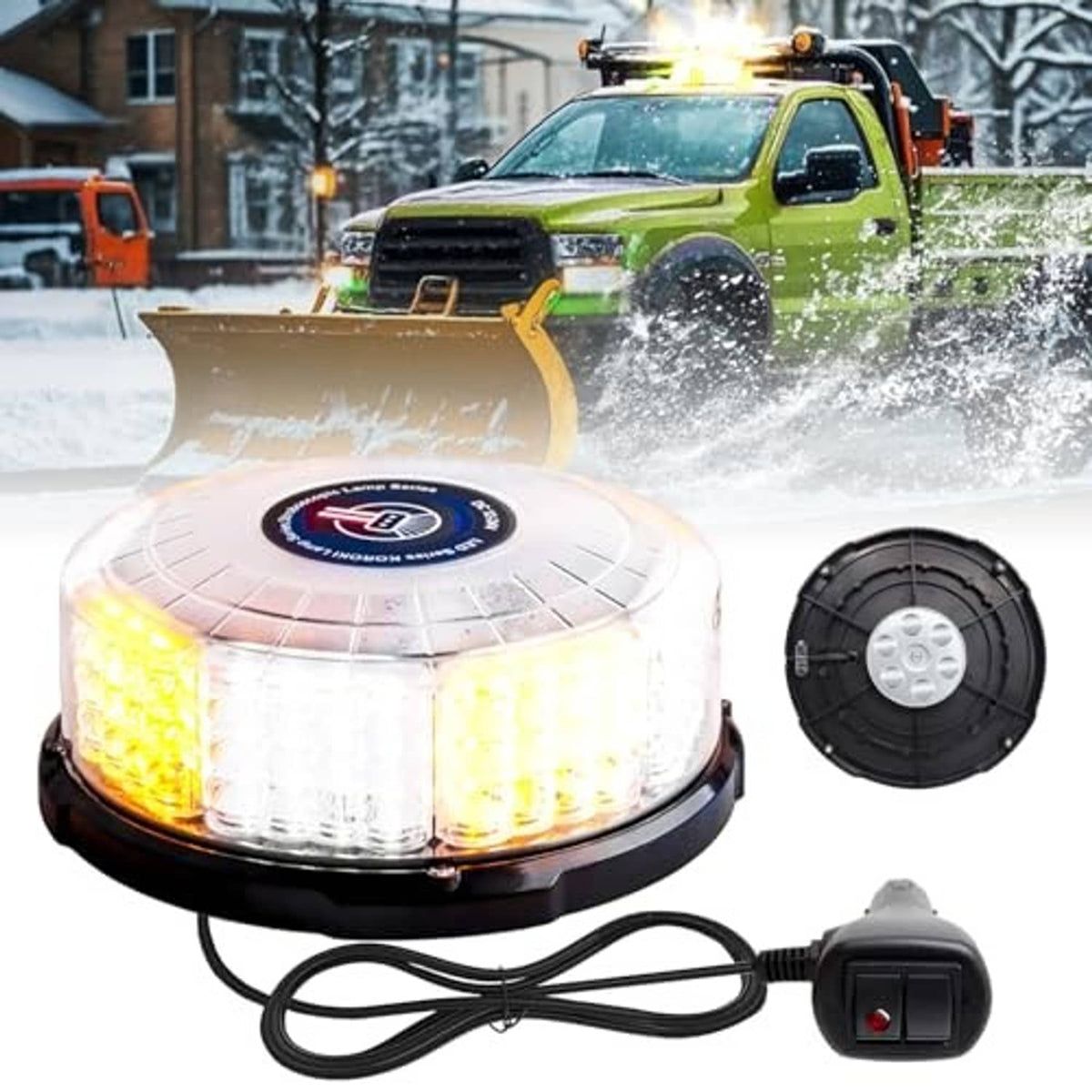 Amber-white beacon strobe light kit with magnetic base, extra mount disk, and power switch