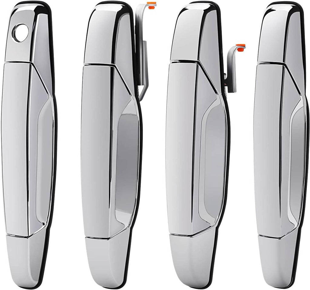 Chrome exterior door handle set with rectangular grip, keyhole detail, four-piece view