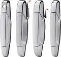 Chrome exterior door handle set with rectangular grip, keyhole detail, four-piece view