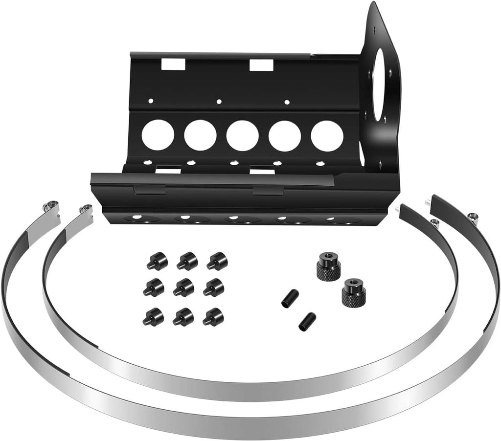 Propane tank mounting bracket kit with black plate, silver strap, bolts, and nuts.