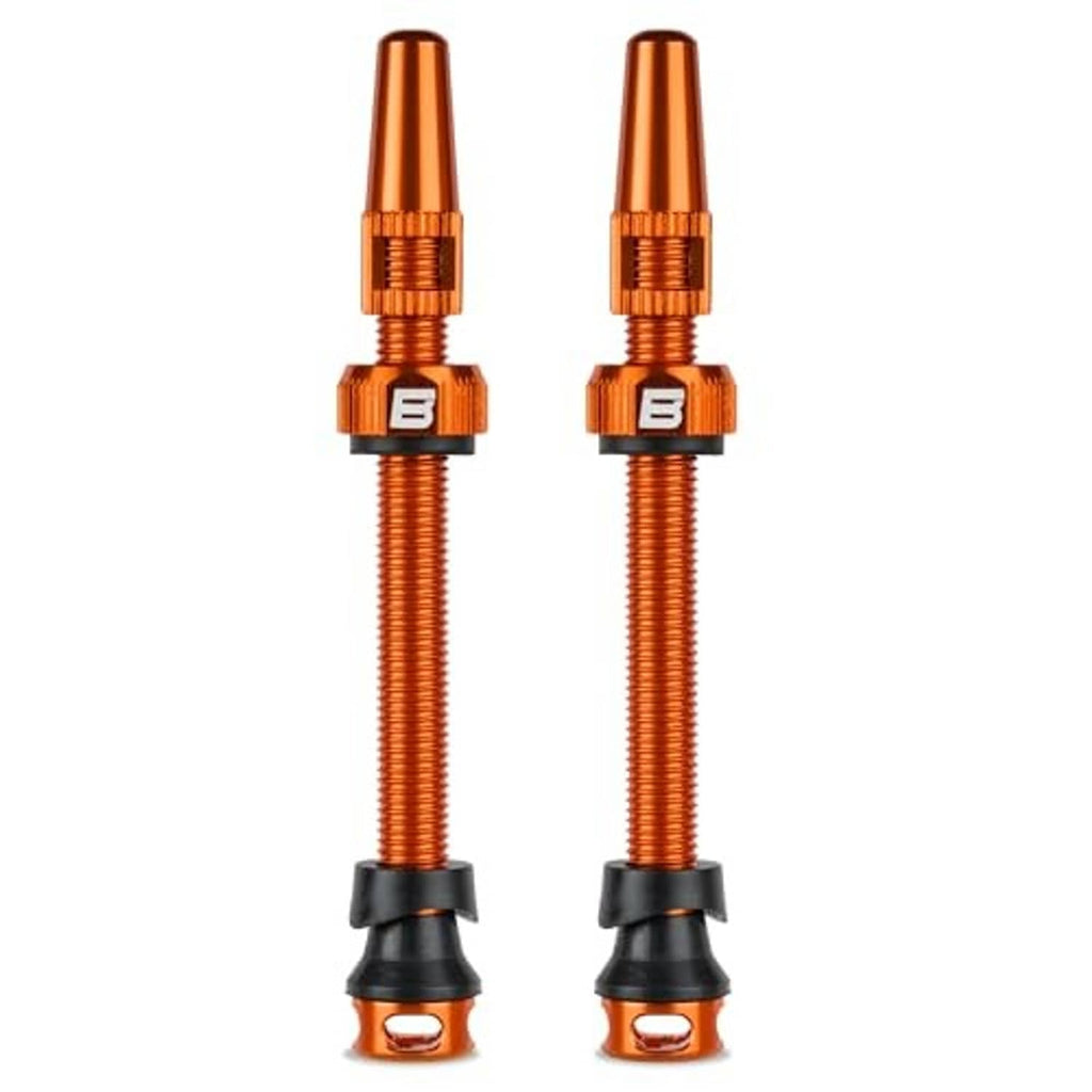 Orange Presta tubeless valve stem pair, threaded aluminum shaft and black caps