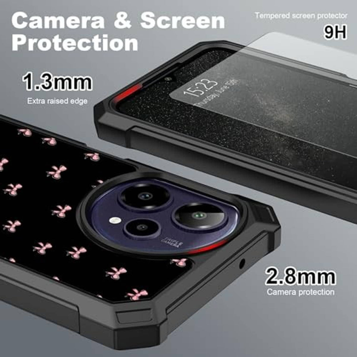 Phone case with pink bow pattern, raised camera and screen protection lip, black shell