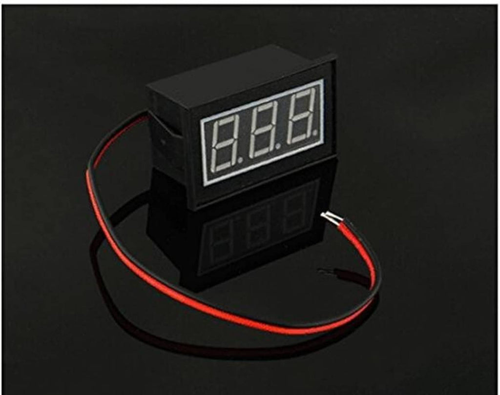 Waterproof digital voltmeter with blue digits, black housing, and red wiring leads