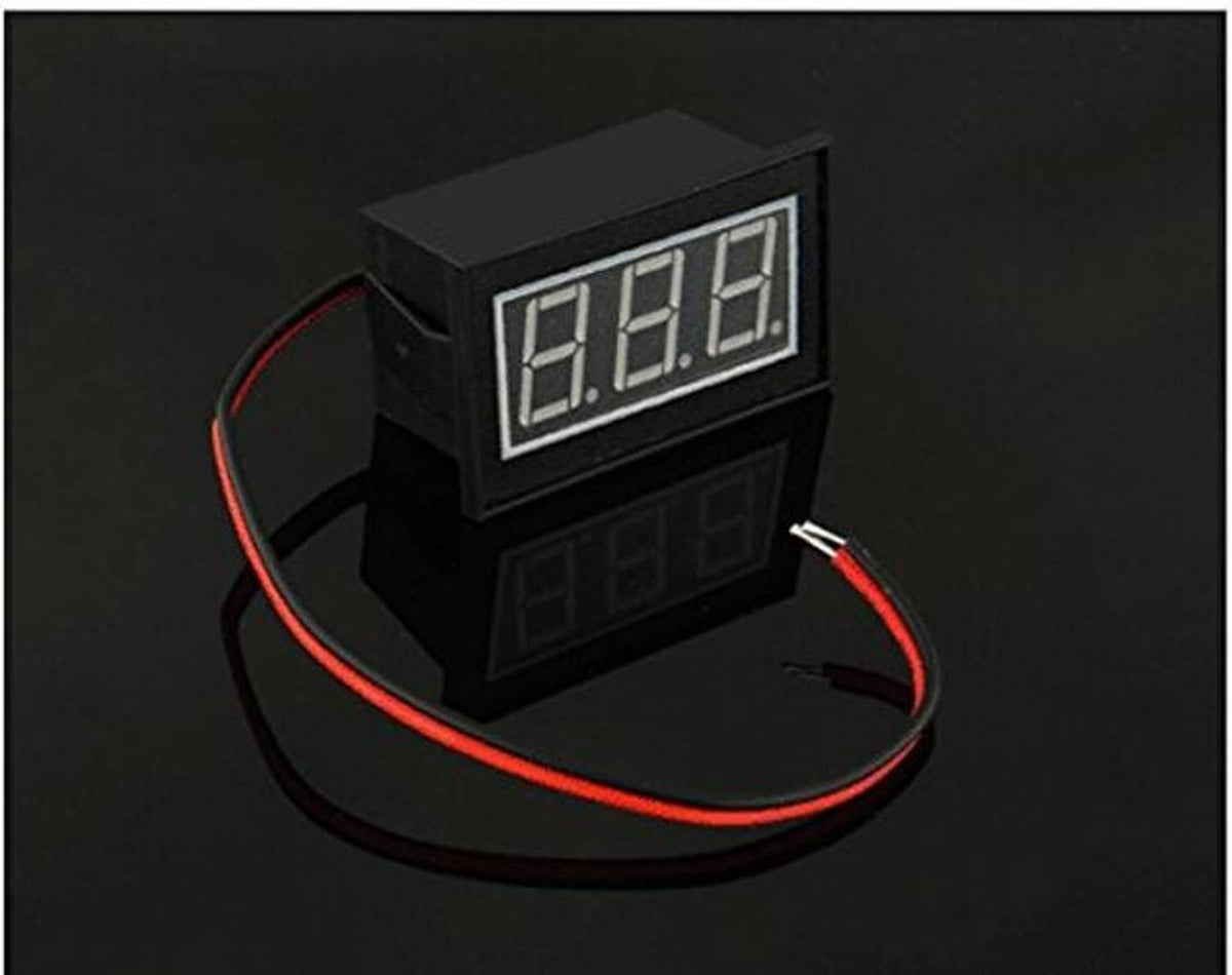 Waterproof digital voltmeter with blue digits, black housing, and red wiring leads