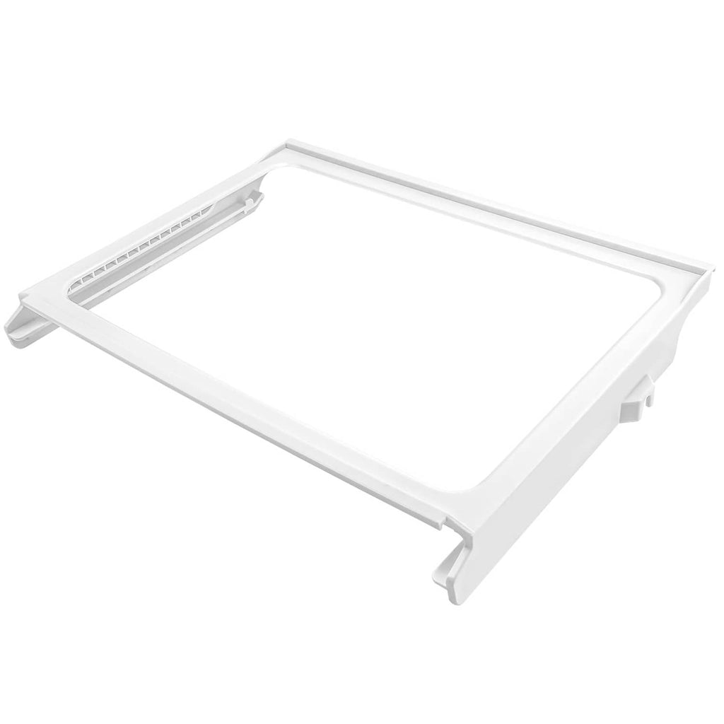 White refrigerator shelf frame without glass, with raised edge and corner support