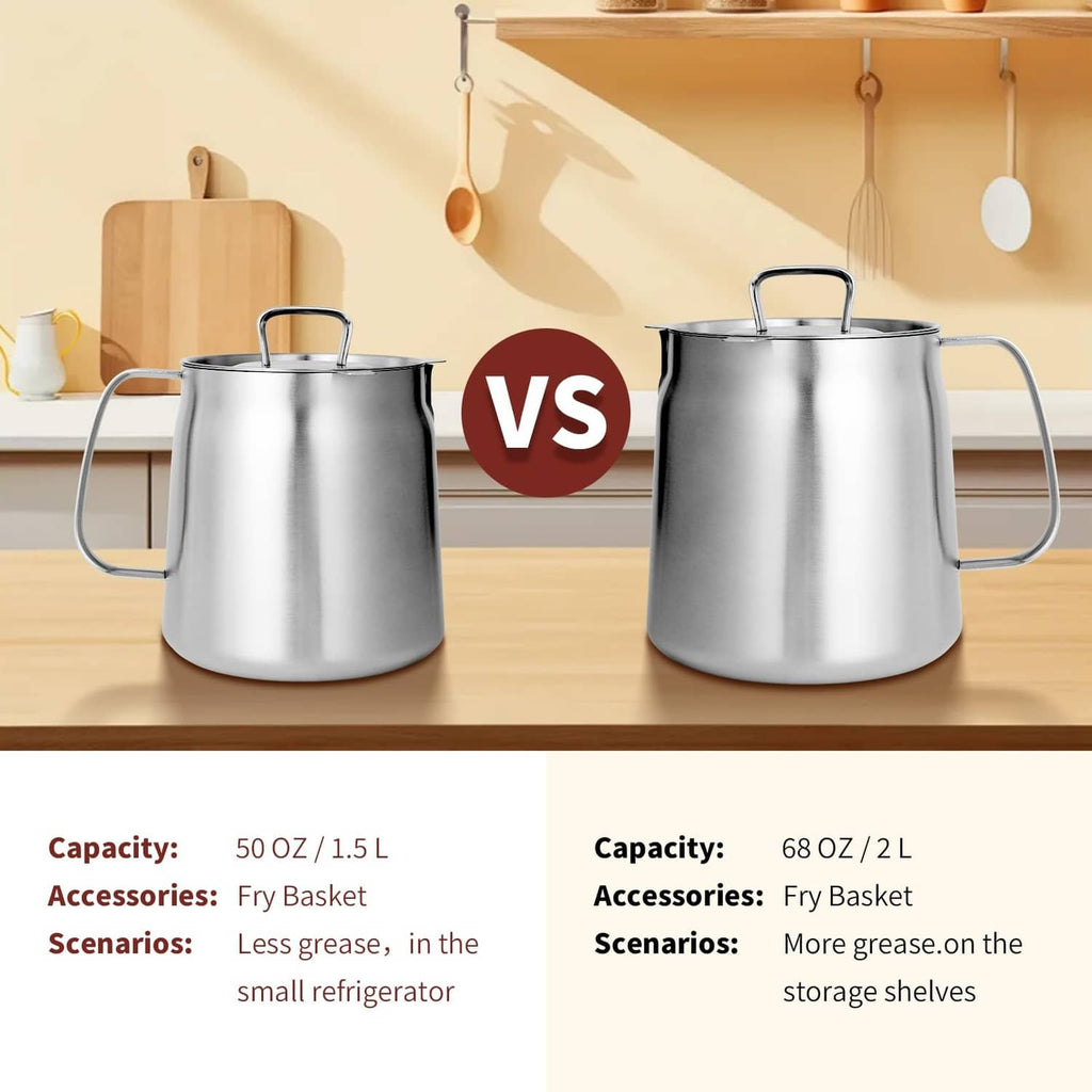 304 stainless deep fryer pots comparison with wire baskets and side handles on counter