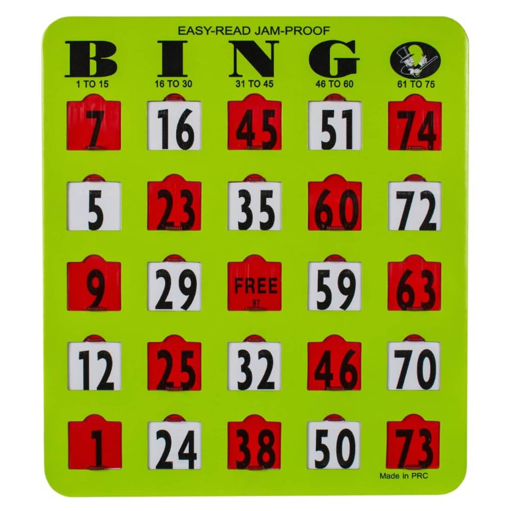 Close view of green bingo card with large numbers and shutter windows labeled BINGO.