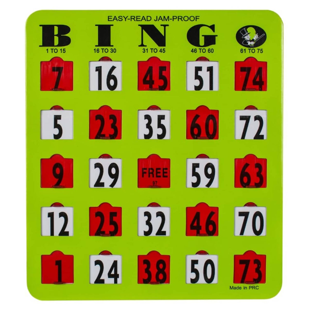 Close view of green bingo card with large numbers and shutter windows labeled BINGO.