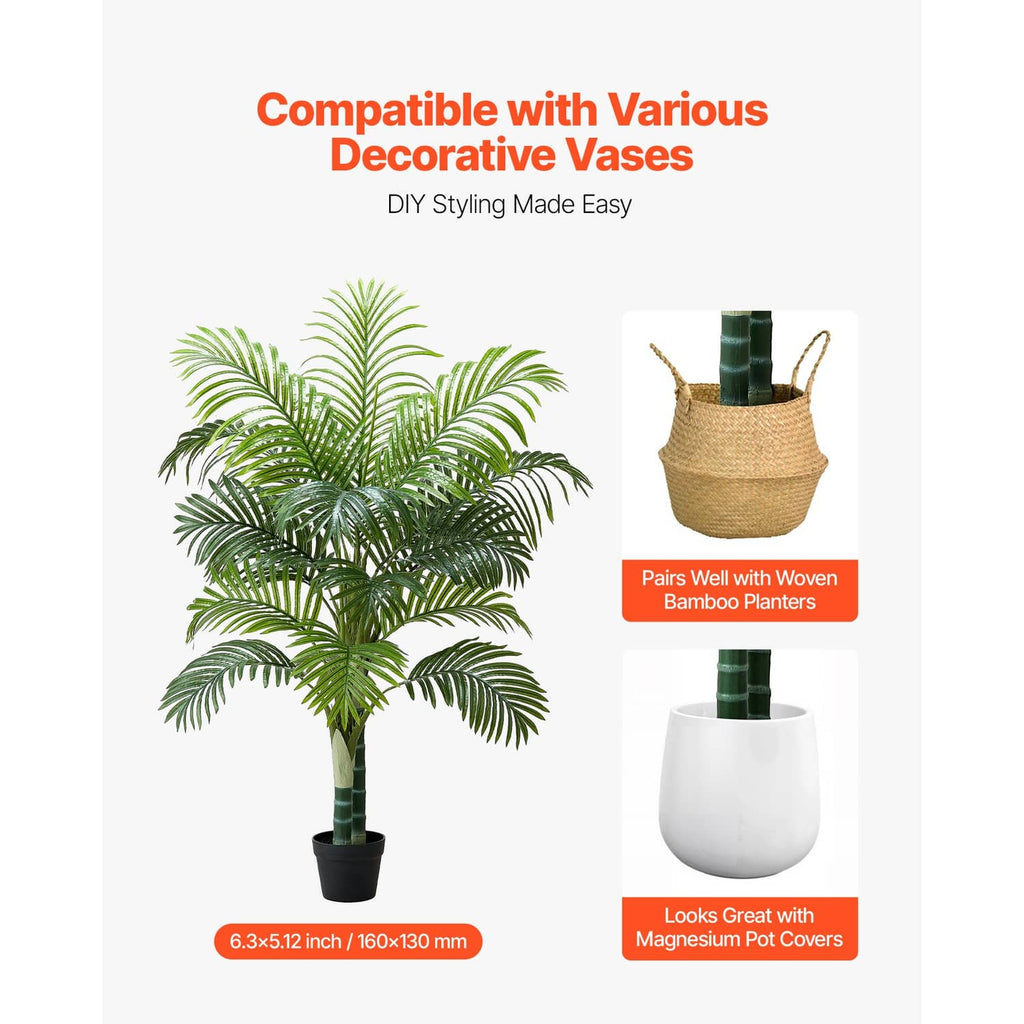 Faux areca palm tree with green fronds in a white pot