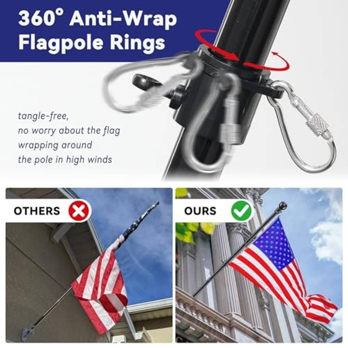 Black flagpole with 360 anti-wrap rings and swiveling flag snap clip