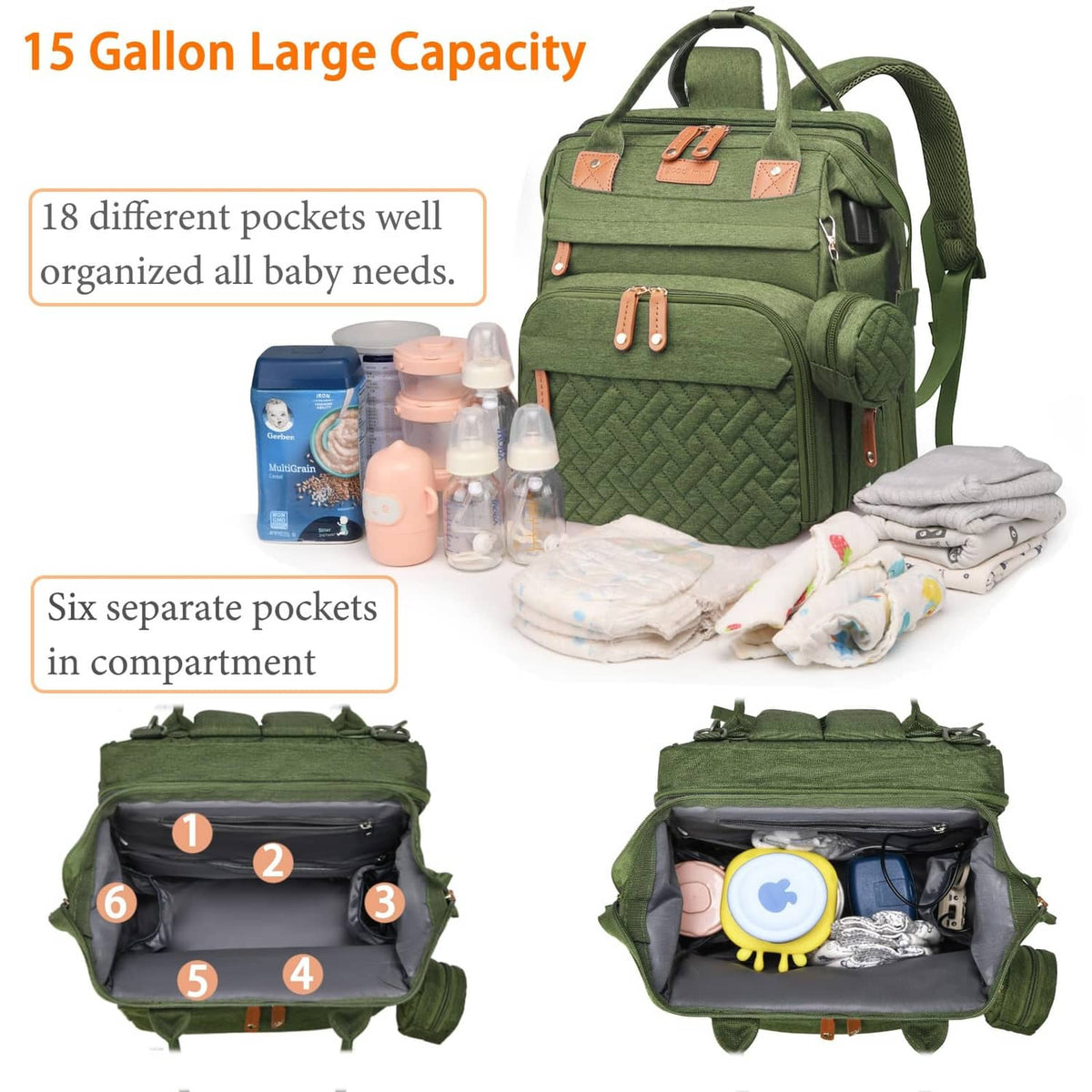 Green diaper bag with changing station, quilted front and multiple zipper pockets