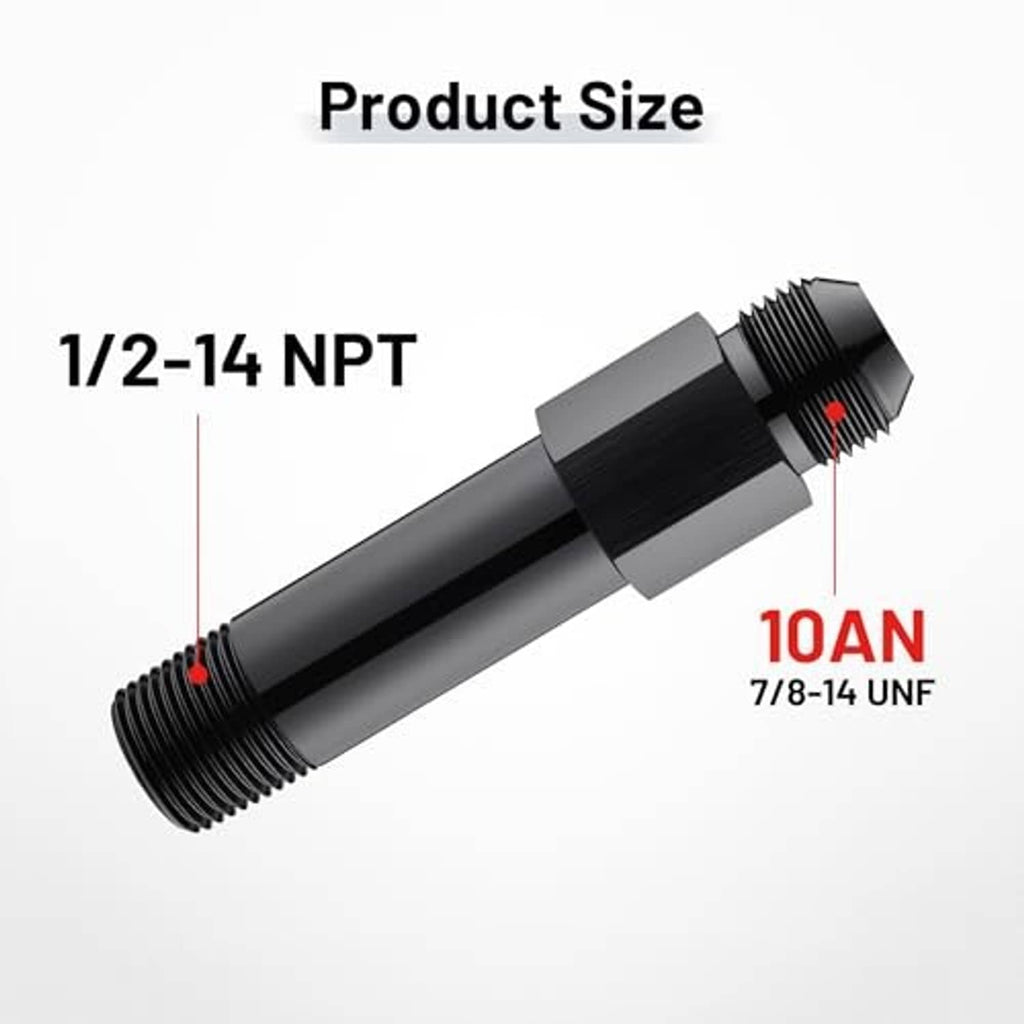 Black aluminum swivel fitting with NPT male end and 10AN-style flare fitting end