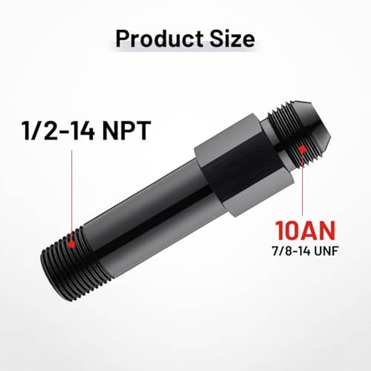 Black aluminum swivel fitting with NPT male end and 10AN-style flare fitting end