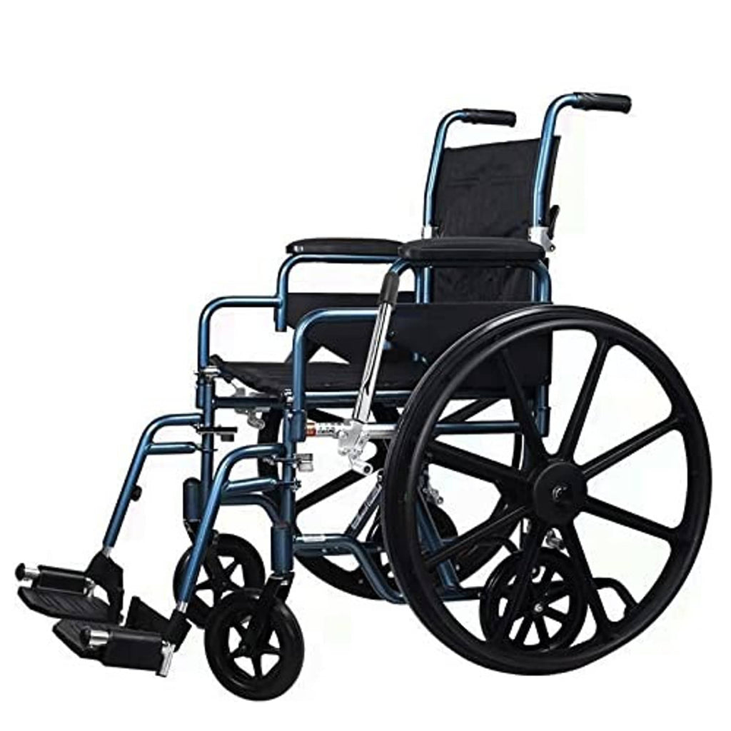 Wheelchair with visible chrome-and-black brake lever extension handles at side