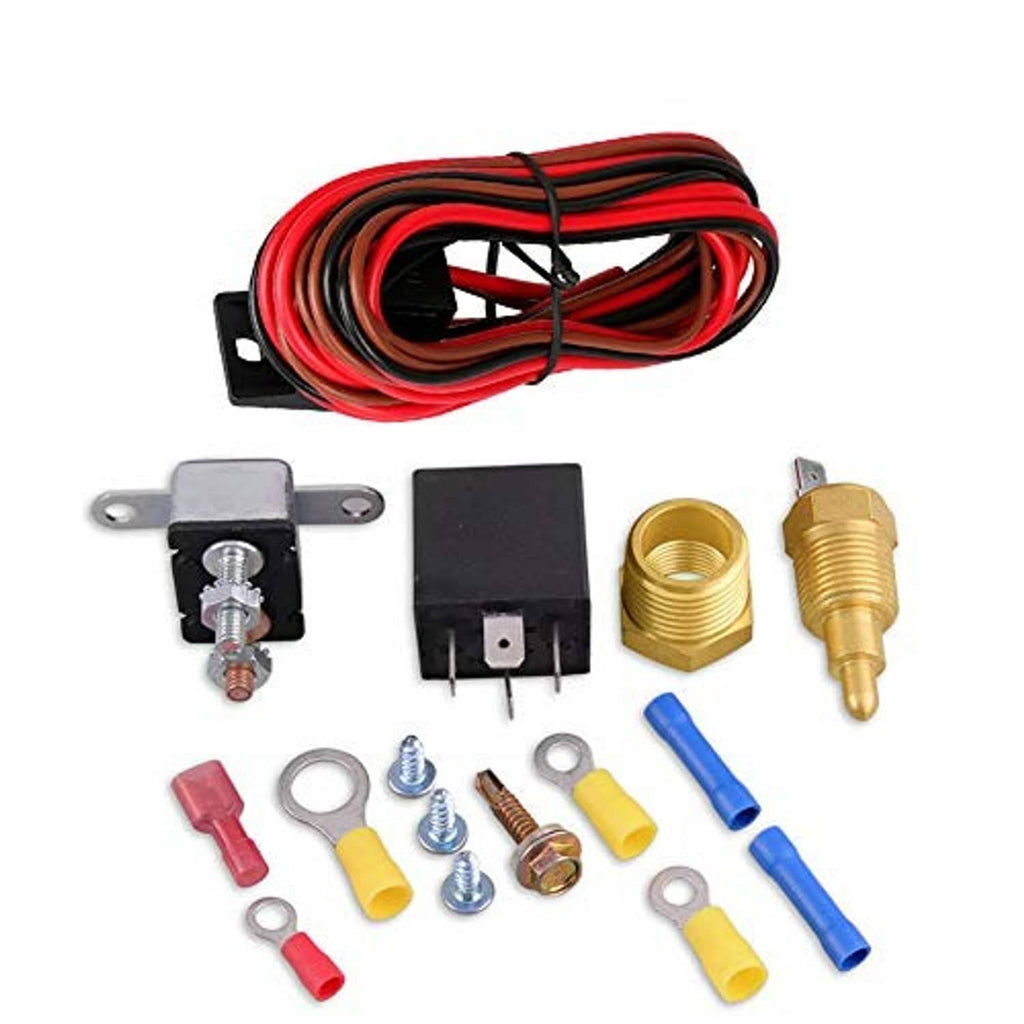 Electric cooling fan thermostat kit with red wire harness and mixed connector terminals