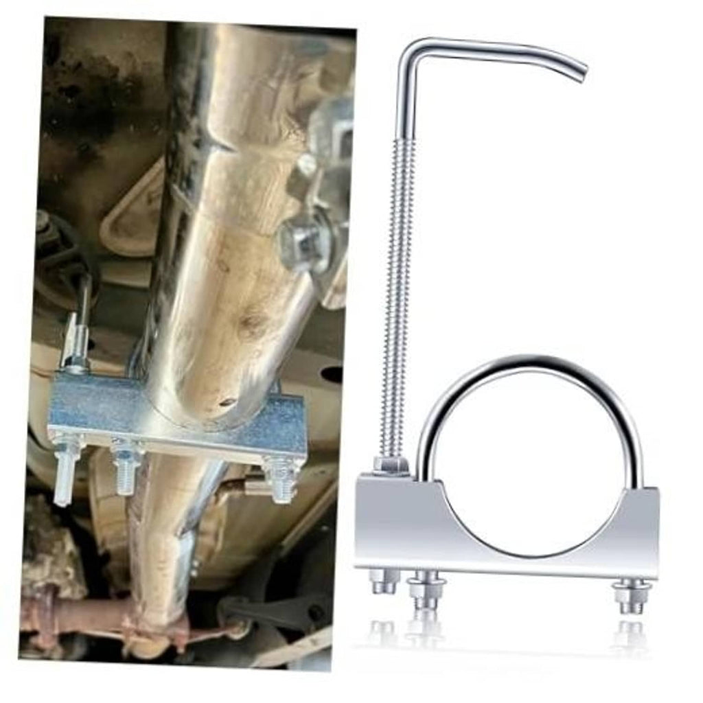 3-inch exhaust hanger clamp with curved U bracket and coiled support rod, mounted on pipe